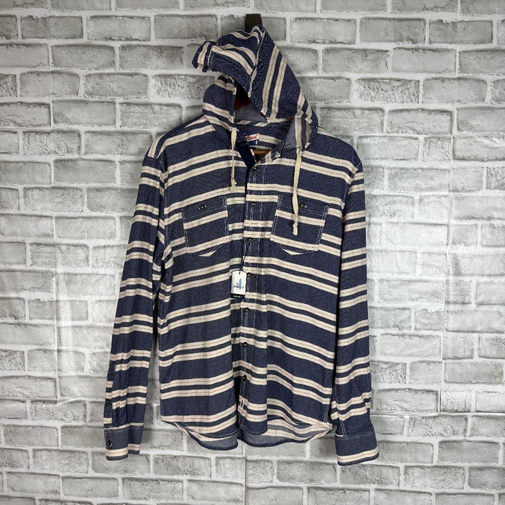 Striped Navy & Cream Hooded Button-Up Shirt